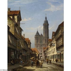 Dutch Street Scene With Cathedral — Cornelis Christiaan Dommelshuizen