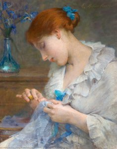 Girl Sewing With Irises In A Vase — Tony Robert-fleury