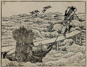 A Farmer On A Bridge Leading A Bullock Through Water — Katsushika Hokusai, Japanese Landscape Printmaking