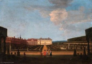 A View Of The Garden And Main Parterre Of Winchendon House, Buckinghamshire, From The East, With Figures In The Foreground — Peter Tillemans