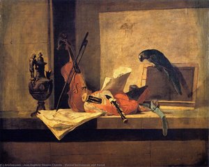 Musical Instruments And Parrot — Jean-baptiste-siméon Chardin
