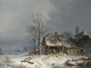 Winterliches Dorf. In Der Scheune Wird Getreide Gedroschen — Heinrich Bürkel