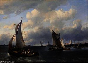 Sailing Vessels On Choppy Water, A Town In The Distance — Anthonie Waldorp