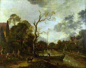 A View Along A River Near A Village At Evening — Aert Van Der Neer