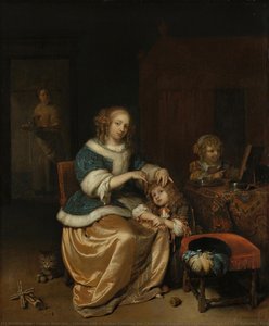 Interior with a Mother Combing her Child’s Hair, Known as ‘Maternal Care’, Caspar Netscher, 1669