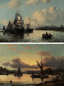 A Paddle Steamer And Other Shipping On A River Estuary; And River Traffic At Dusk — William A. Thornley (thornbery)