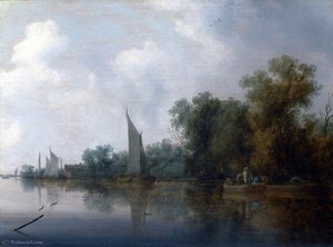 A River With Fishermen Drawing A Net — Salomon Van Ruisdael