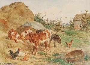 The Haystack, Cattle And Fowl In A Farmyard — Claude Cardon