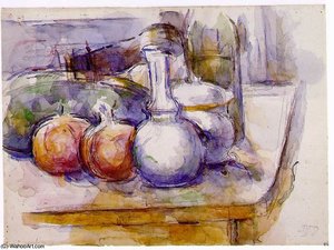 Still Life With Carafe, Sugar Bowl, Bottle, Pomegranates, And Watermelon — Paul Cézanne