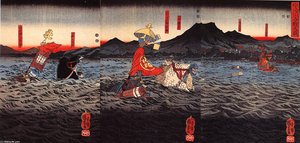 Kagesue, Takatsuna And Shigetada Crossing The Uji River — Utagawa Kuniyoshi