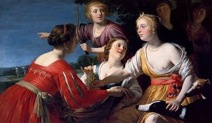 Diana Resting After The Hunt, With Shepherdesses And Two Greyhounds, A Landscape Beyond — Gerard Van Honthorst, Baroque