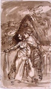 Sketch Of A Man Embracing A Woman At A Cottage Gate — William Collins