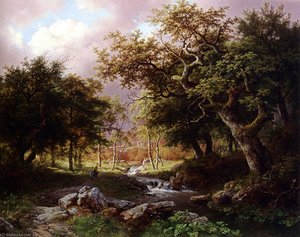 A Wooded Landscape With Figures Along A Stream — Barend Cornelis Koekkoek, Hudson River School
