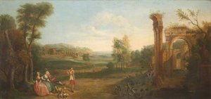 River Landscape With Ruins And Elegant Figures — George Washington Thomas Lambert