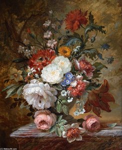 Glorieuze Stilleven Met Bloemen Op Een Stenen Borstwering