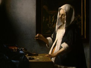 Woman Holding A Balance Detalj 1 Ngw — Johannes Vermeer, Dutch Golden Age Painting