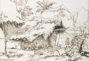 Water Carriers And Other Indian Figures, Beneath A Bridge; And Indian Figures And Cattle Outside A Hut — George Chinnery