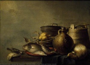 Still Life Of Fish, A Pear, Game And Kitchen Utensils — Harmen Van Steenwyck