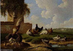 Poultry By A Ruin, A Country House In The Distance — Albertus Verhoesen