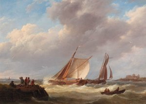 Fishermen On A Jetty Overlooking A River Estuary, A Castle Beyond 1 — Johannes Hermann Barend Koekkoek