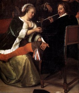 The Dissolute Household (detail) — Jan Havickszoon Steen, Baroque
