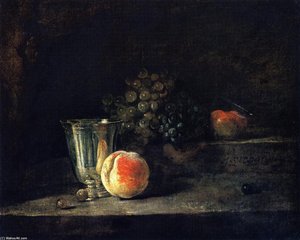 Silver Goblet, Peach, White And Red Grapes, And Apple — Jean-baptiste-siméon Chardin