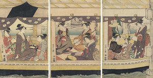 A Group Of Courtesans And Kamuro In A Large Boat Playing On Drums And On The Shamisen — Chobunsai Eishi