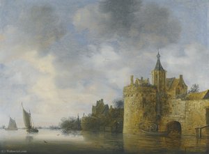 River Landscape With Two Fishermen In A Boat Below The Town Ramparts, Ships Beyond — Wouter Knijff