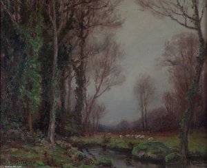 Wooded Stream And Sheep — Anna Althea Hills