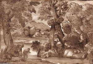 Attribué À Giovanni Francesco Grimaldi Bologne, - Rome, Paysages Avec Fortifications En Arrière-plan Paire De Dessins À La