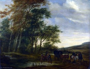 A Landscape With A Carriage And Horsemen At A Pool — Salomon Van Ruysdael