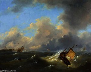 Shipping On A Choppy Sea By A Coast — Govert Van Emmerik