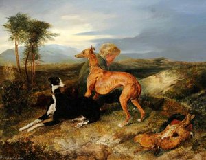 A Boy and Two Greyhounds Resting