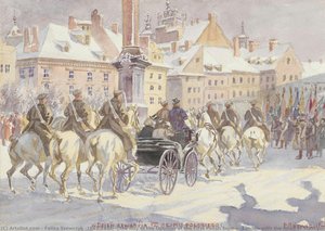 The Day Of The Opening Of The First Polish Sejm\n– Landau With The Head Of State Józef Piłsudski\nand Prime Minister Ignacy Jan Paderewski\nsurrounded By An Honorary Squadron On\ncastle Square In Warsaw, 9th Of February 1919 — Feliks Szewczyk (1863–1932)