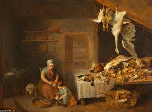 Game Herder With Dead Game, An Old Woman Plucking A Partridge And A Boy — Benjamin Blake