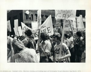 Marchers Kissing And Holding Signs At Christopher Street Liberation Day March, 1971 — Rudolph Grillo