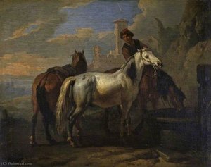 Horses Drinking at a Fountain