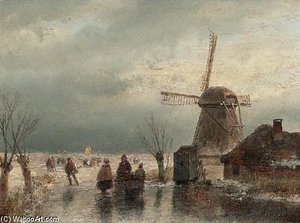 Skaters On A Frozen Waterway — Andreas Schelfhout