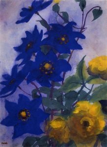 Blue Aquilegia And Yellow Roses — Emile Nolde