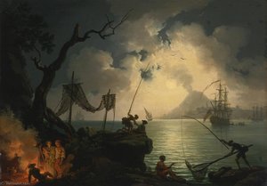 A Nocturnal Mediterranean Coastal Scene, With Vesuvius In The Background — Pierre Jacques Volaire