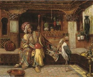 Oriental Smoker With Hookah And Marabou — Gyula Tornai, Orientalism