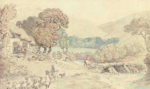 A River Landscape With A Drover With Sheep In The Foreground — Thomas Rowlandson