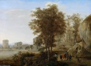Travelers At The Ponte Lucano Over The Anio At Tivoli, In The Background The Tomb Of Plautier — Jan Both