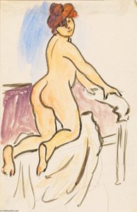 Female Nude Resting On Knees On Bed — Carl Newman