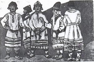 The Scene With Five Figures In Costumes — Nicholas Roerich