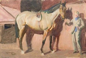 A Light Bay Horse With A Stable Boy — Sir Alfred James Munnings, Impressionistic Landscape