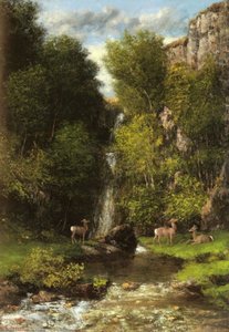 A Family Of Deer In A Landscape With A Waterfall — Gustave Courbet, Realism
