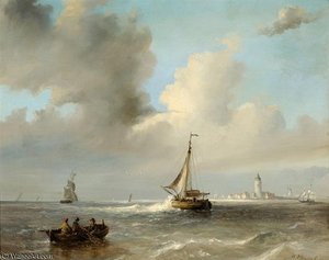 Men In A Barge And Sailing Boats Off A Coast — Nicolaas Riegen
