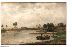 A River Landscape With A Peasant On A Barge — Willem Cornelis Rip