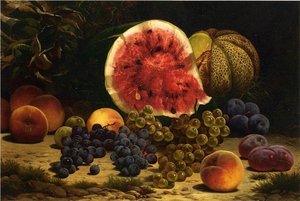 Still Life With Watermelon, Grapes, Peaches, Plums And Cantaloupe — William Mason Brown